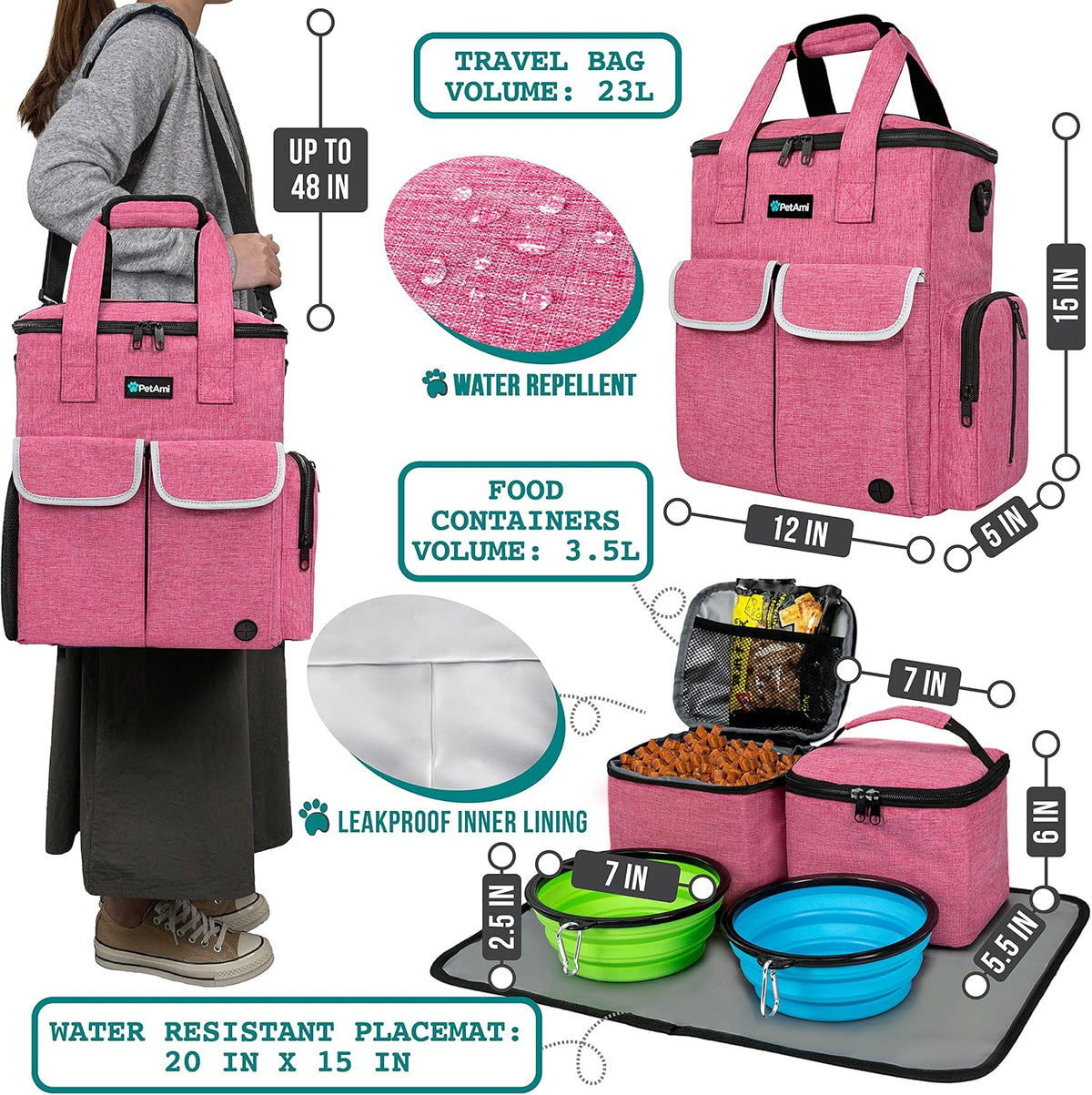 PetAmi Dog Travel Bag Organizer, Pet Supplies Diaper Tote - 12.0"L x 5.0"W x 15.0"H / Heather Pink - image 2