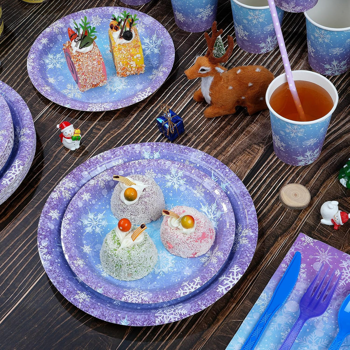 Zachely blue and purple snowflake paper plates, cups, napkins and cutlery set - view 3