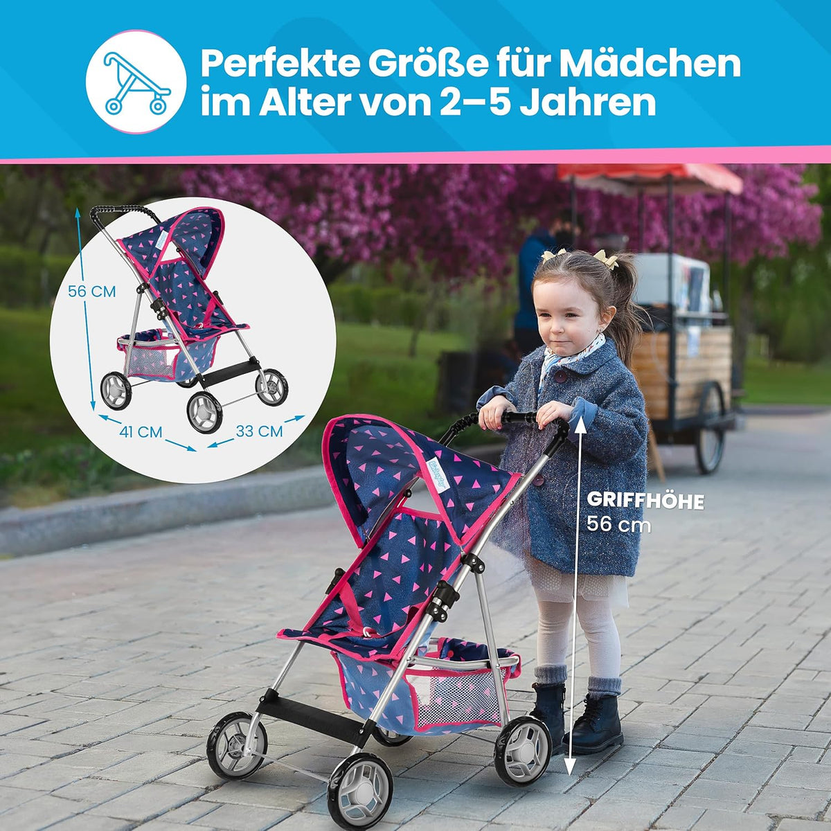 Baby Doll Stroller, Pram for Girls, Umbrella Stroller for Kids - Navy Blue in Triangles - image 3