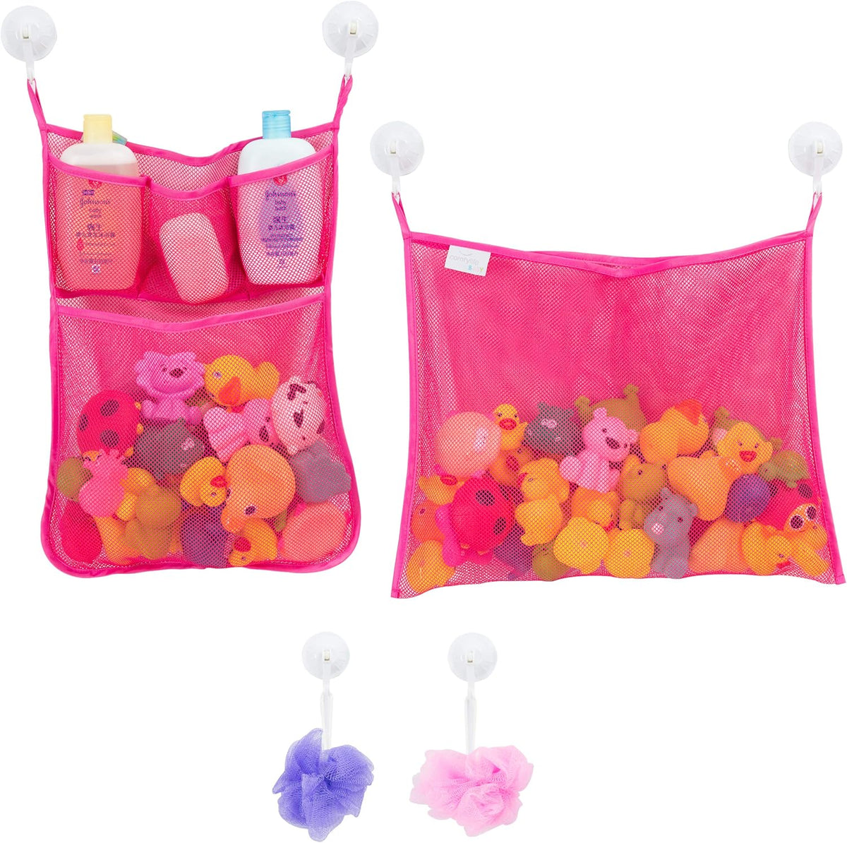 2 x Mesh Bath Toy Organizer + 8 Ultra Strong Hooks - Pink 2-Pack