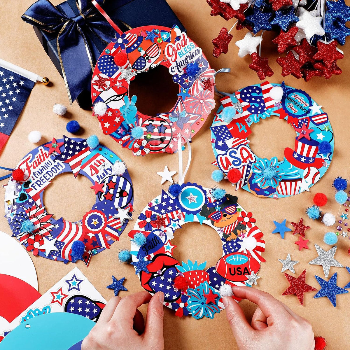 Hollowfly Thanksgiving paper wreath craft kits with gem stickers, ribbons and wool balls - view 23
