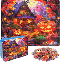 LELEMON Halloween jigsaw puzzle for kids with pumpkins and bats in tin box - view 10