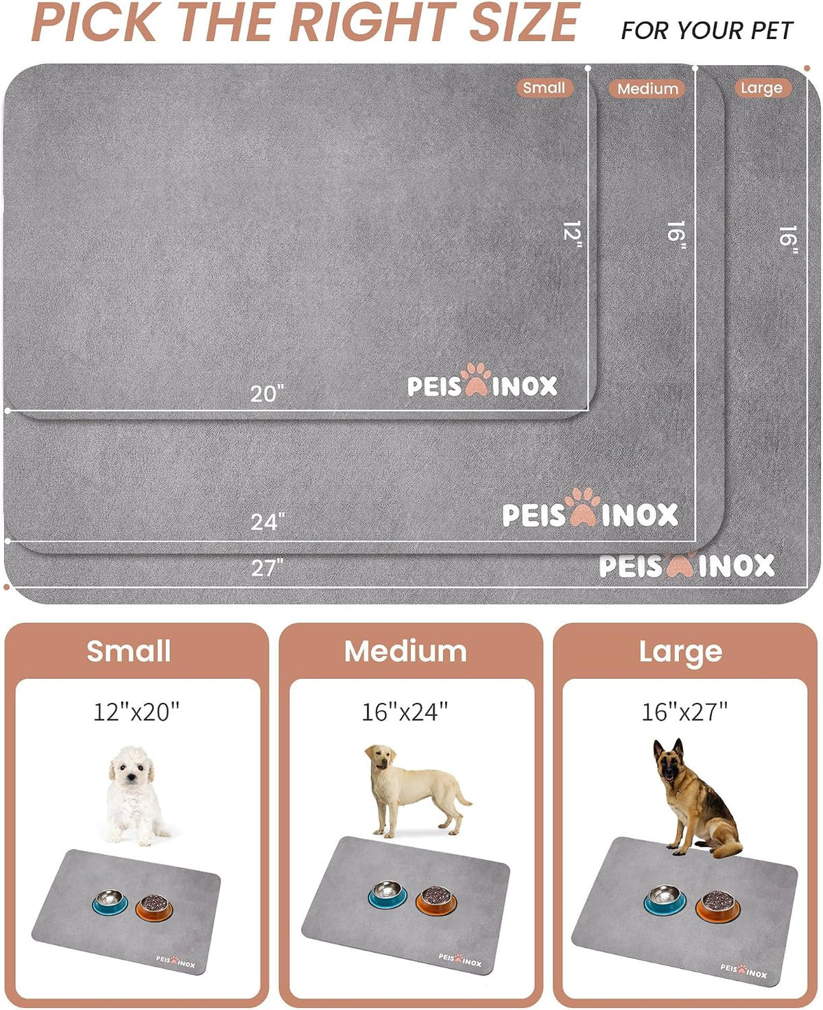 PEISAINOX Cat Dog Food Mat - Light Grey / 16"x27" - image 4
