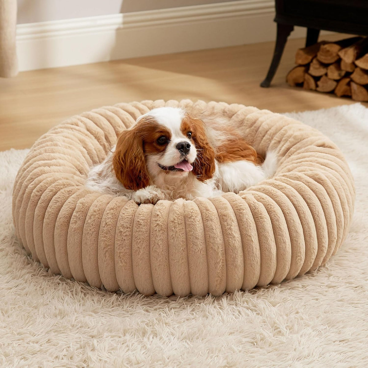 Bedsure ComfyFleece Donut Dog Bed Medium Size Dog with Washable Cover – Essentials for Dogs - M (30x30x8) / Sandy Beige