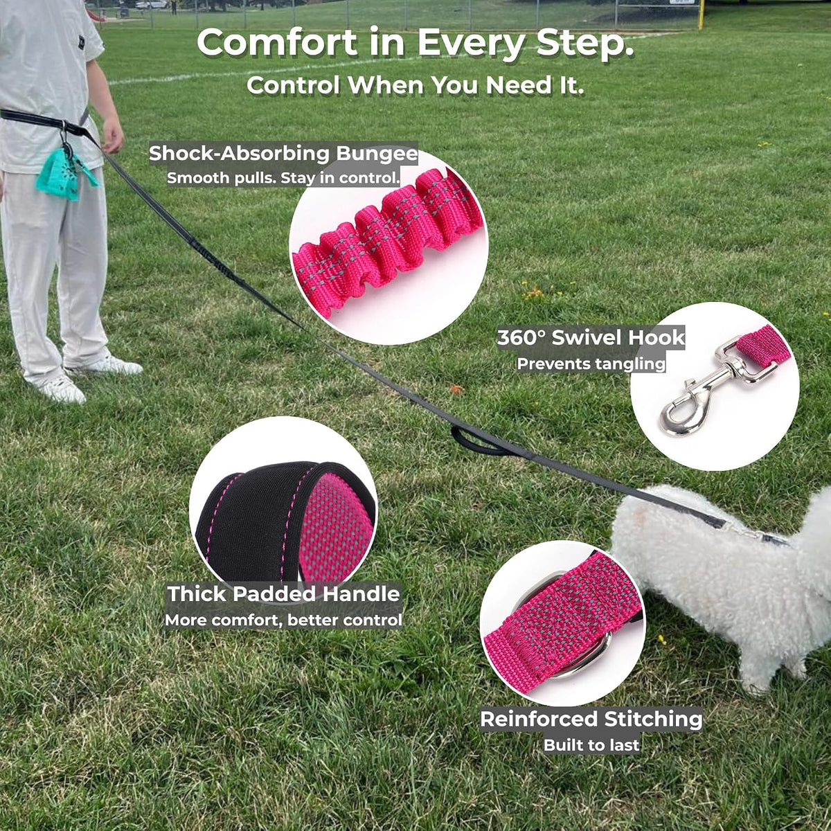 Hands Free Dog Leash, Waist & Crossbody 2-in-1 for Jogging & Hiking – Essentials for Dogs - Hot Pink / Large (8–10FT) - image 4