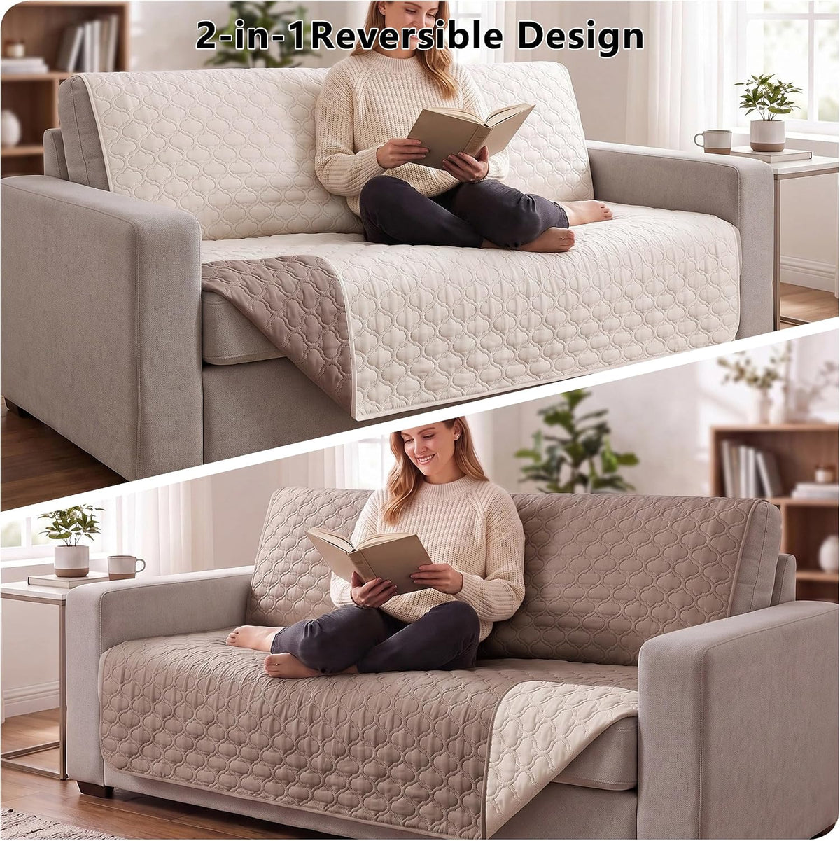 Waterproof Couch Cover, Washable Dog & Pet Furniture Protector - Cream+khaki / 82x102 Inches - image 4
