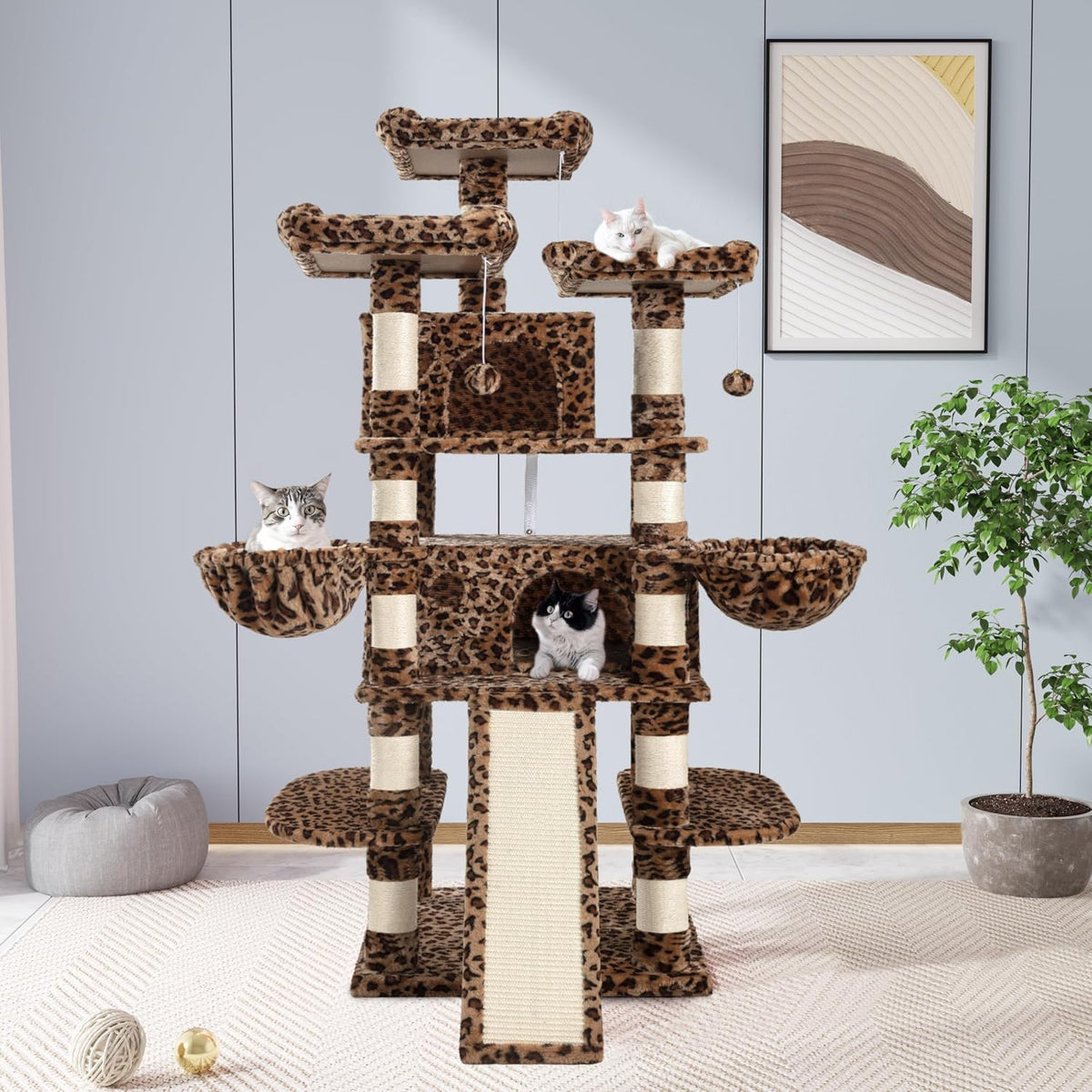 Allewie 68 Inches Cat Tree/House and Towers for Big Feline/Scratching - 68 in / Leopard Print - image 2