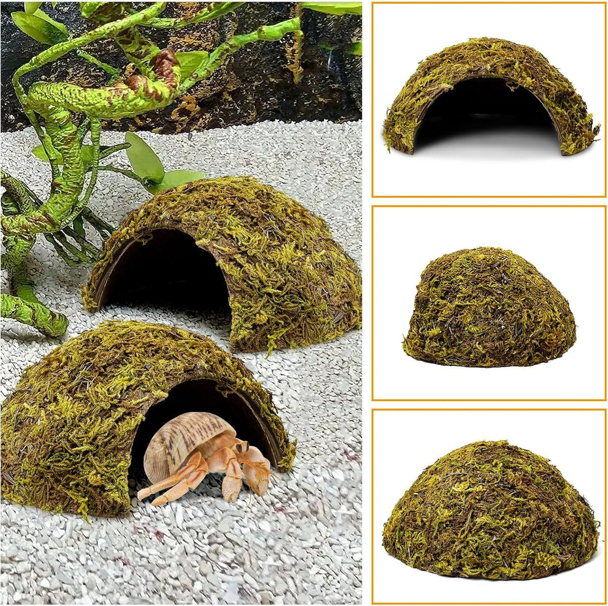 PINVNBY 2 PCS Natural Coconut Reptile Hideouts Lizard Coco Hut Hermit - Moss Surface / 4 PCS - image 4