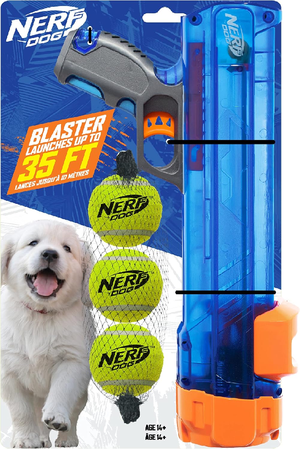 Nerf Dog Tennis Ball Blaster Dog Toy – Essentials for Dogs - 12 in Translucent Blaster with 3 Balls / Dog