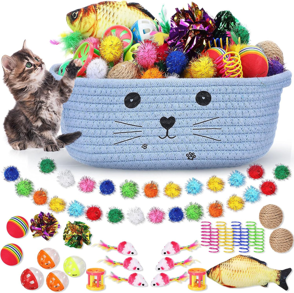 Zopeal 58 Pcs Cat Toy Set with Storage Basket Indoor, Grey - Light Blue / 9.8 Inch