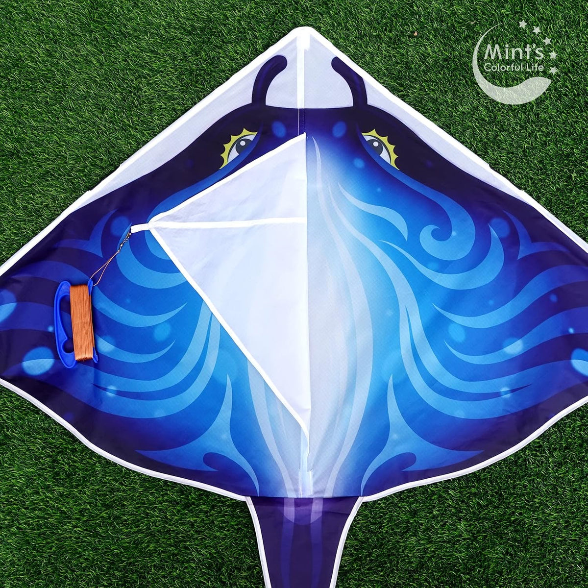 Devil Fish manta ray beach kite for kids in blue ripstop nylon with kite string - view 12