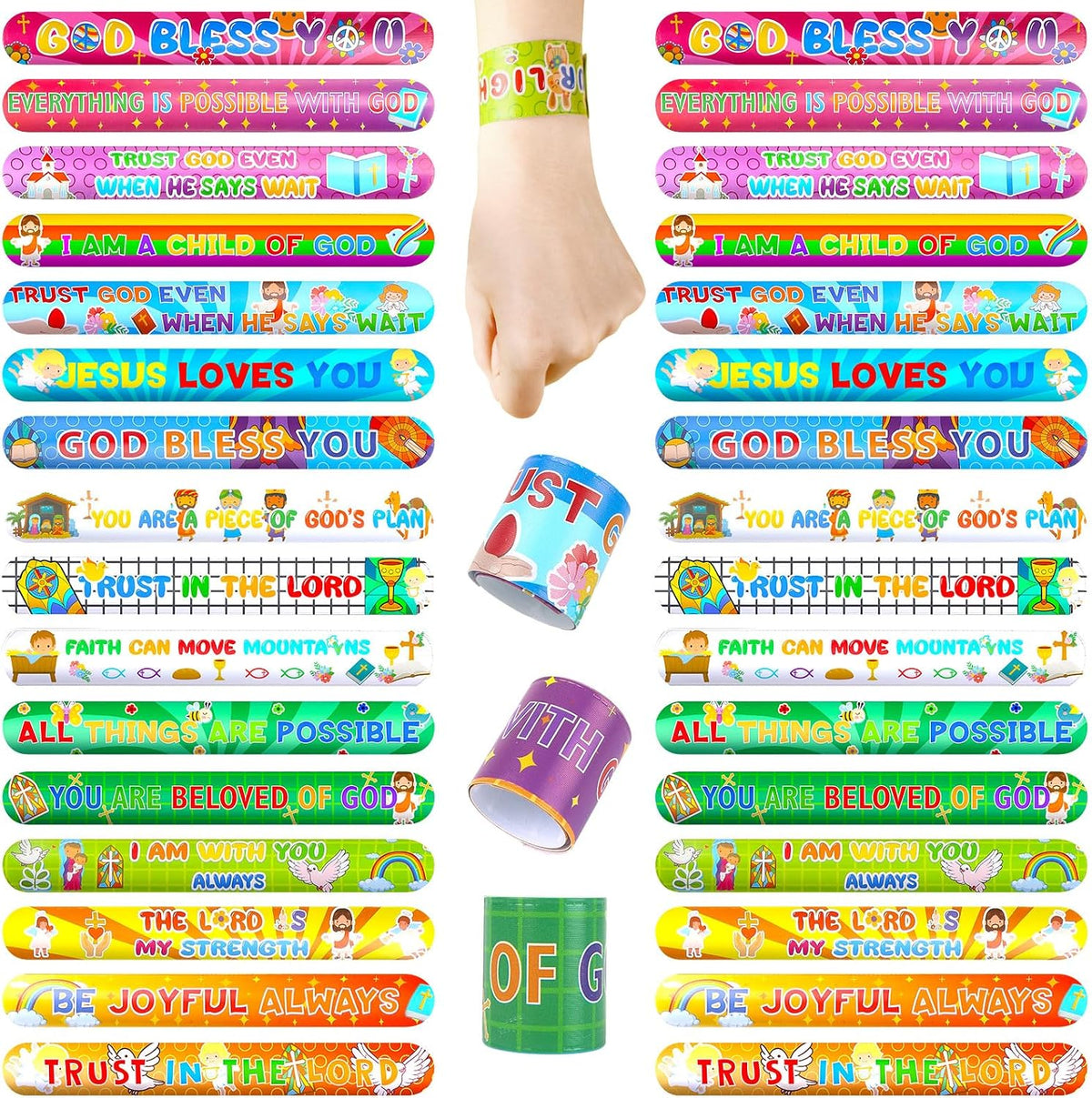 POPLAY 48 pack Christian slap bracelets with Bible verses, crosses and doves - view 2