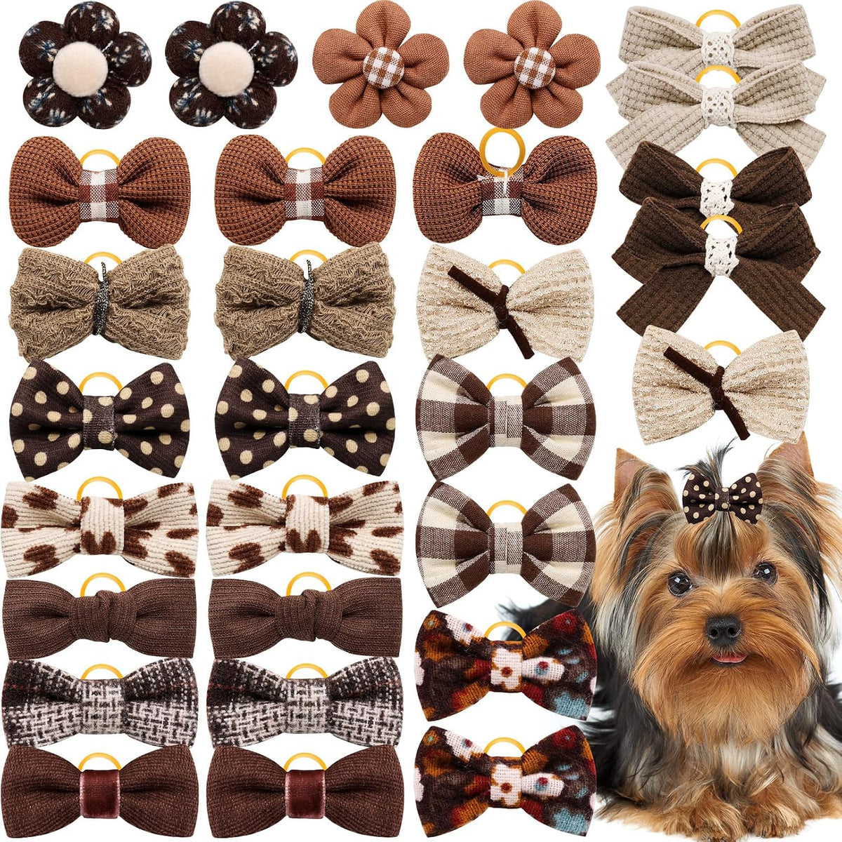 20Pcs Brown Dog Hair Bows with Rubber Bands for Small Medium Dogs – Essentials for Dogs - Brown-A330