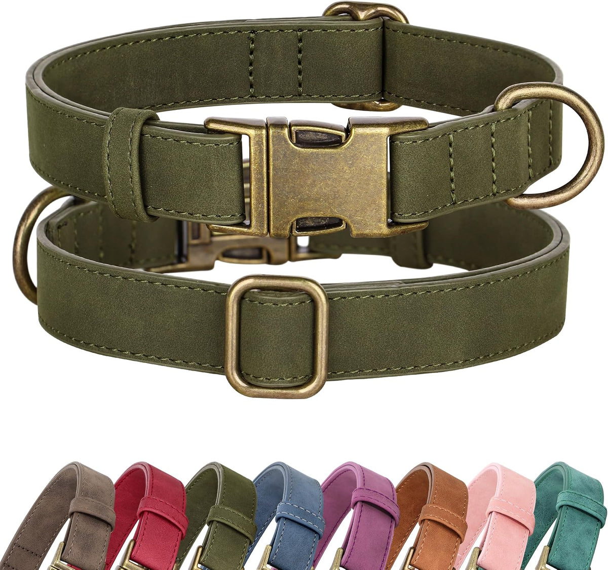 Soft PU Leather Dog Collar for Small Dogs, Quick Release - S：Fit 10-15" Neck, Width ⅝" / Dark Green