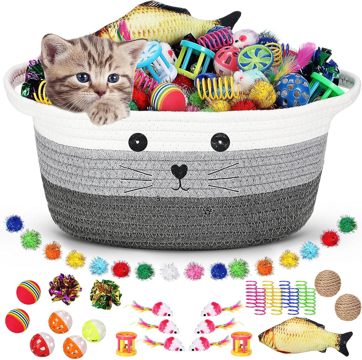 Zopeal 58 Pcs Cat Toy Set with Storage Basket Indoor, Grey - Multicolor / 12 Inch