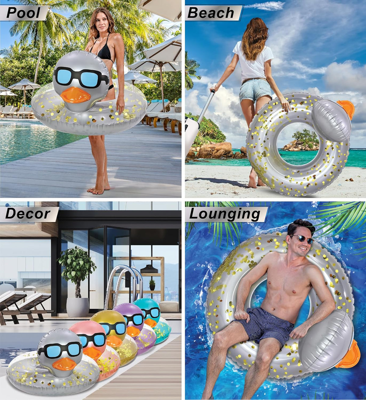 POZA inflatable duck pool float tube with gold confetti, sunglasses and orange beak - view 11