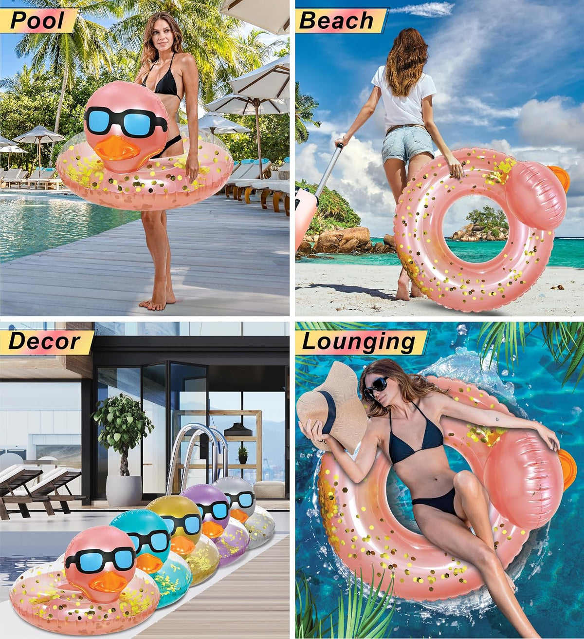 POZA inflatable duck pool float tube with gold confetti, sunglasses and orange beak - view 23