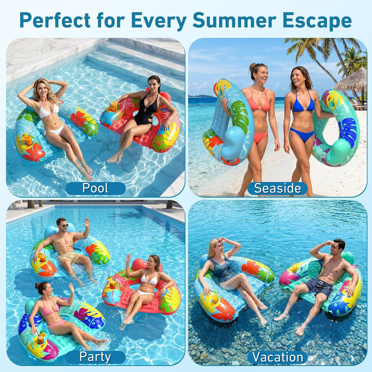 SEETOHOME 3 pack inflatable pool float chairs for adults in blue, green and pink - view 8