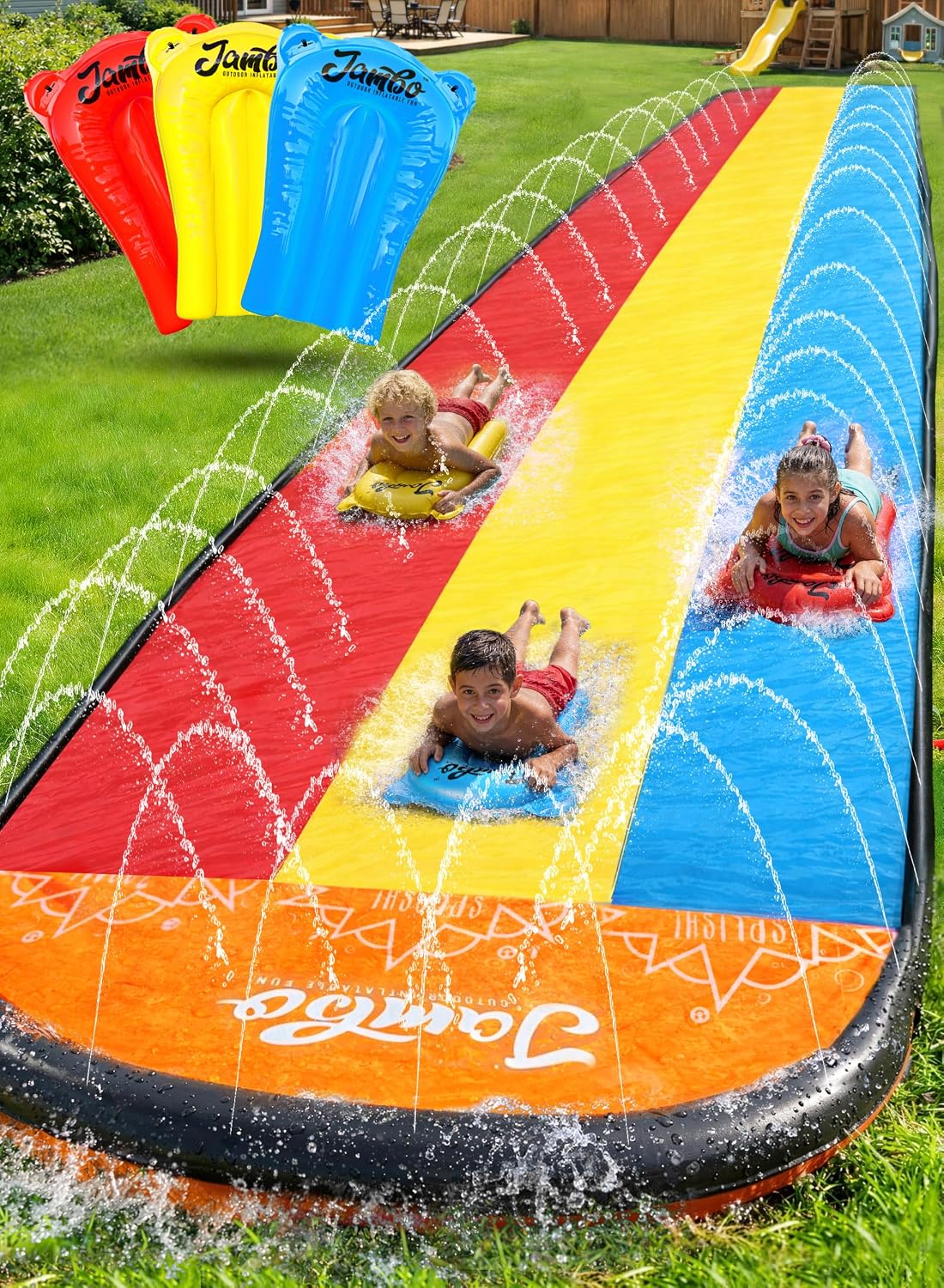 JAMBO Premium Triple Water Slide with 3 Bodyboards - 25ft Triple Lane