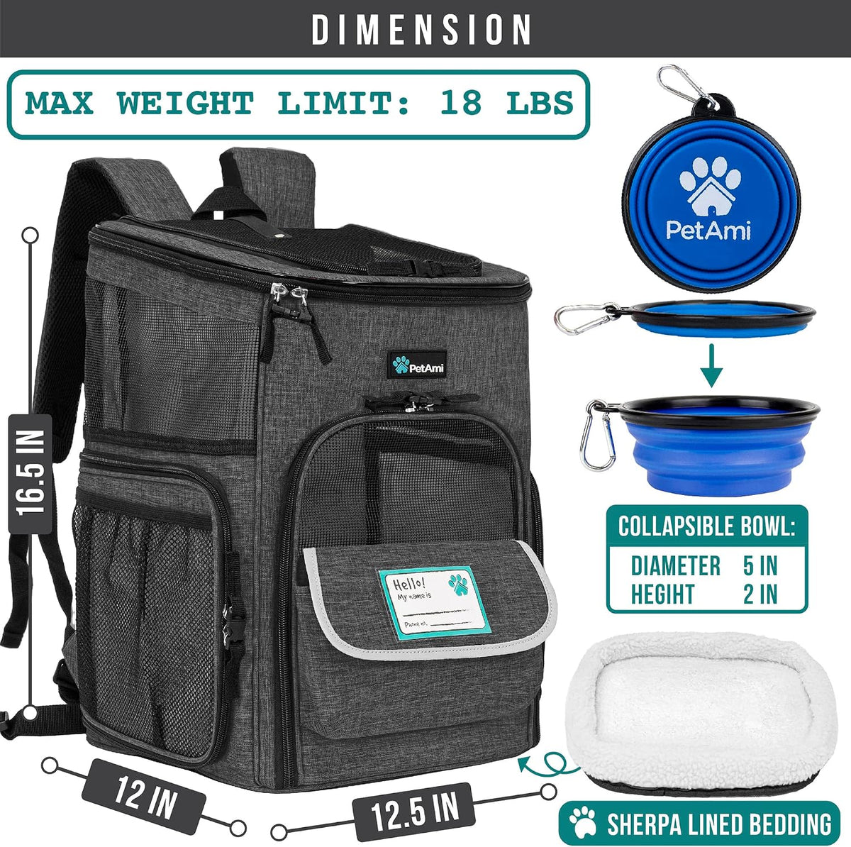 PetAmi Dog Backpack Carrier - Charcoal / 12.5"L x 12.0"W x 16.5"H - image 2