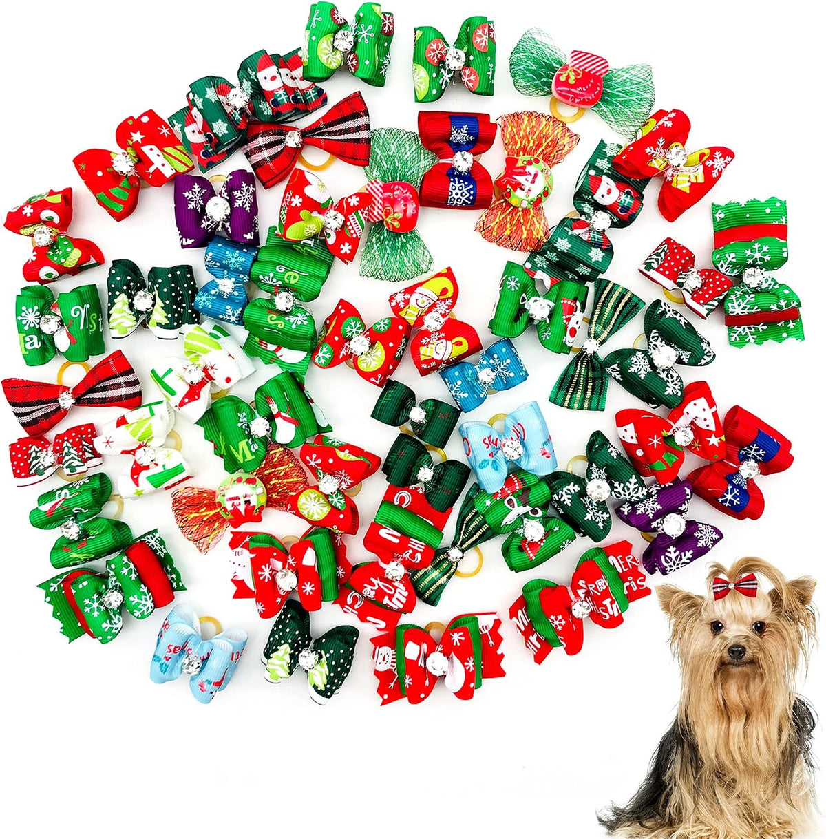PET SHOW 20pcs Halloween Small Dog Hair Bows with Rubber Bands - 50pcs Christmas