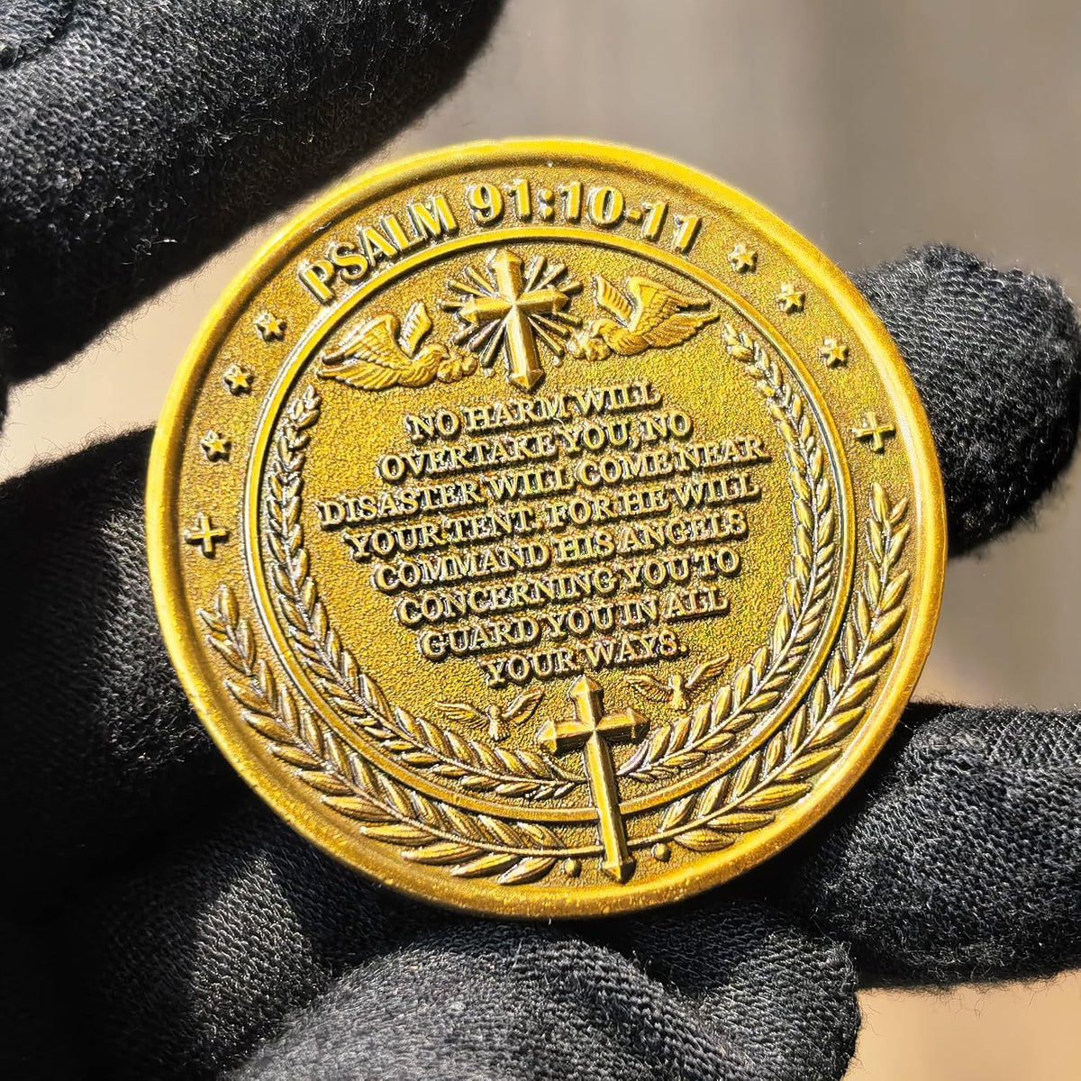 Archangel Michael challenge coin with Psalm 91:10-11 inscription in a clear case - view 5