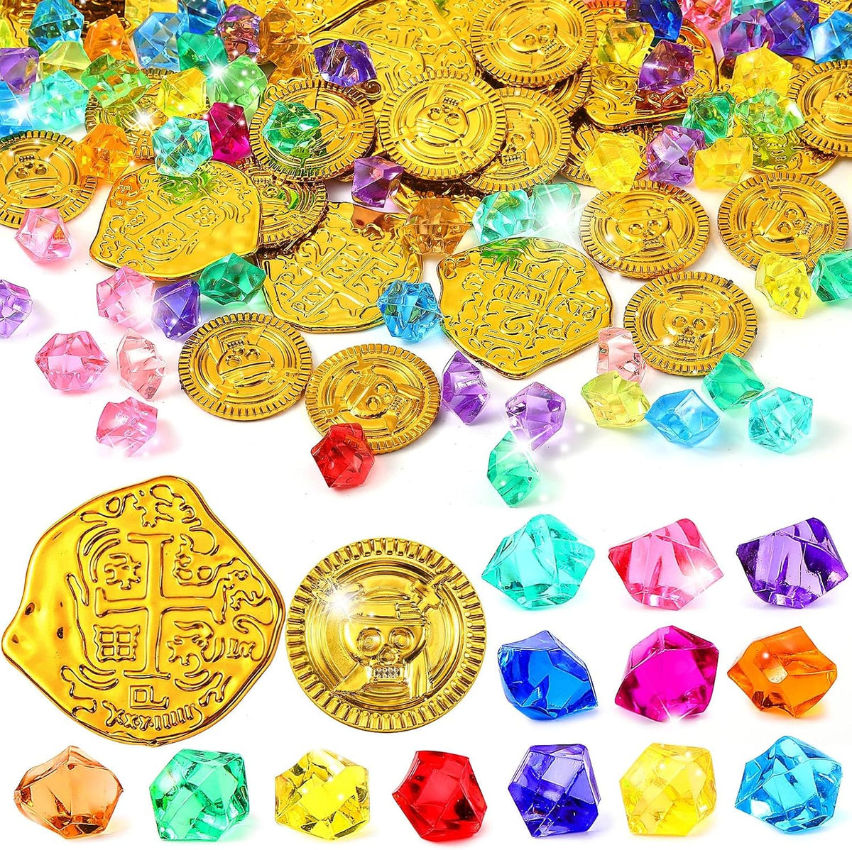 Hanaive 150 Pcs Plastic Pirate Gold Coins Fake Gems Set - Gold / Mixing