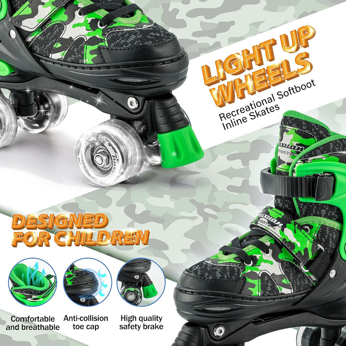 Kuxuan Adjustable Roller Skates with Fun Illuminating Rollerskate - Camo Green / Large - Youth(4-7US) - image 2