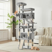 Cat Tree, 80-Inch Large Cat Tower with 9 Scratching Posts, 2 Perches, 2 Caves, 2 Basket, 2 Stairs, Extra Large Hammock, Pompoms, Multi-Level Plush Cat Condo for Indoor Cats/Light Grey