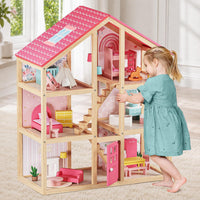 Tiny Land Wooden Dollhouse for Girls, 6 Rooms Wooden Doll House - Pink