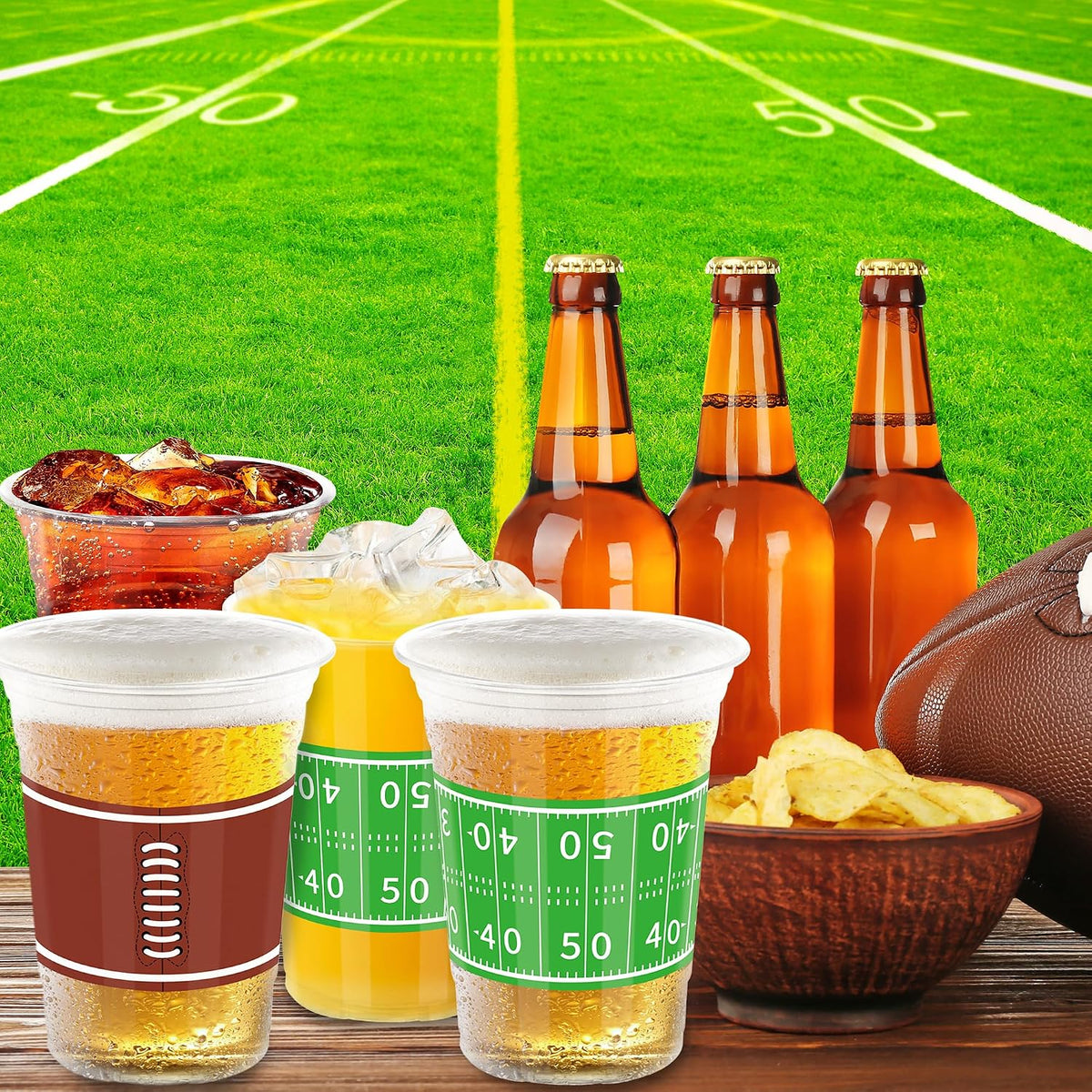 Heartome clear 16 oz football party cups with green field graphics in 2 designs - view 5