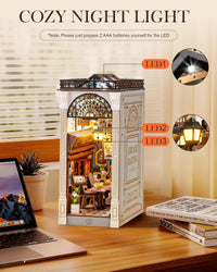 Rolife Arcade Dating book nook kit with LED lights on a bookshelf - view 3
