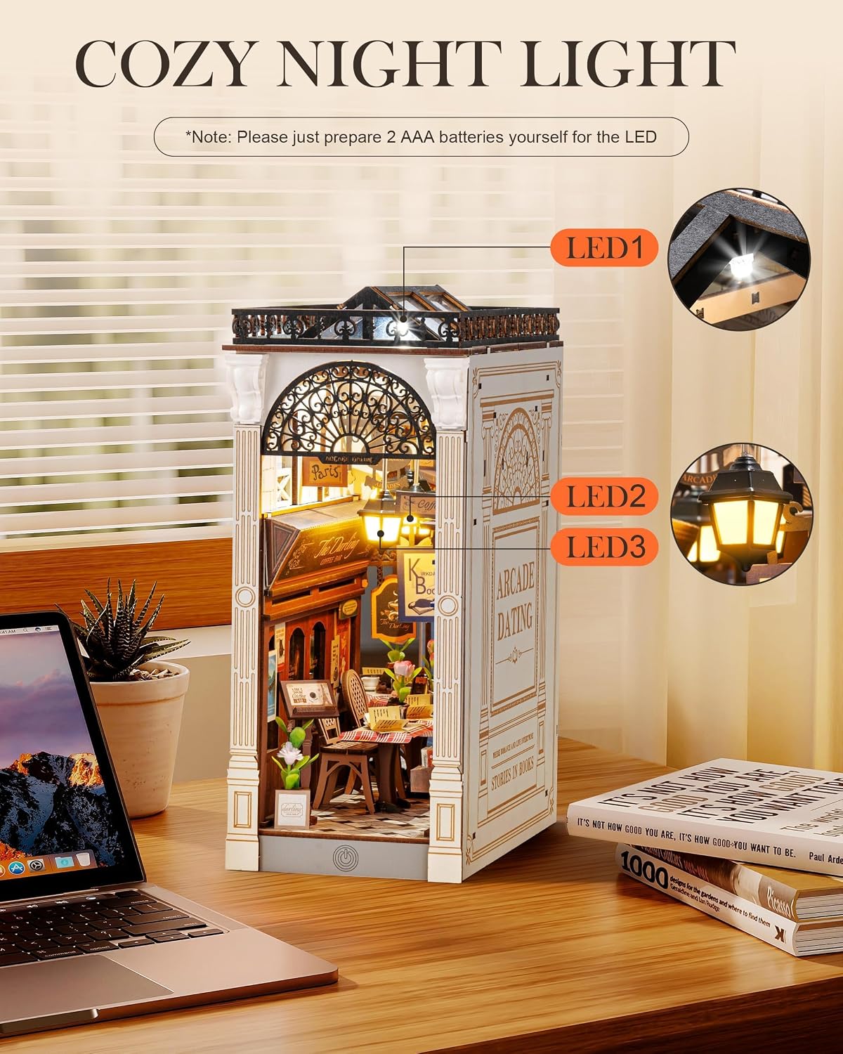 Rolife Arcade Dating book nook kit with LED lights on a bookshelf - view 3