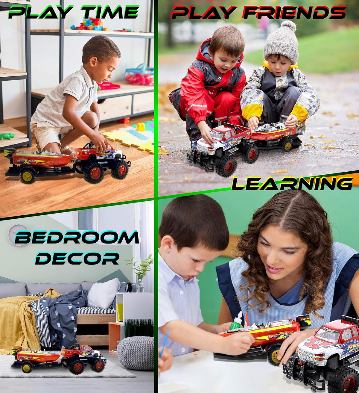 Mozlly Set of Friction-Powered Monster Truck with Boat Trailer Toy - image 3