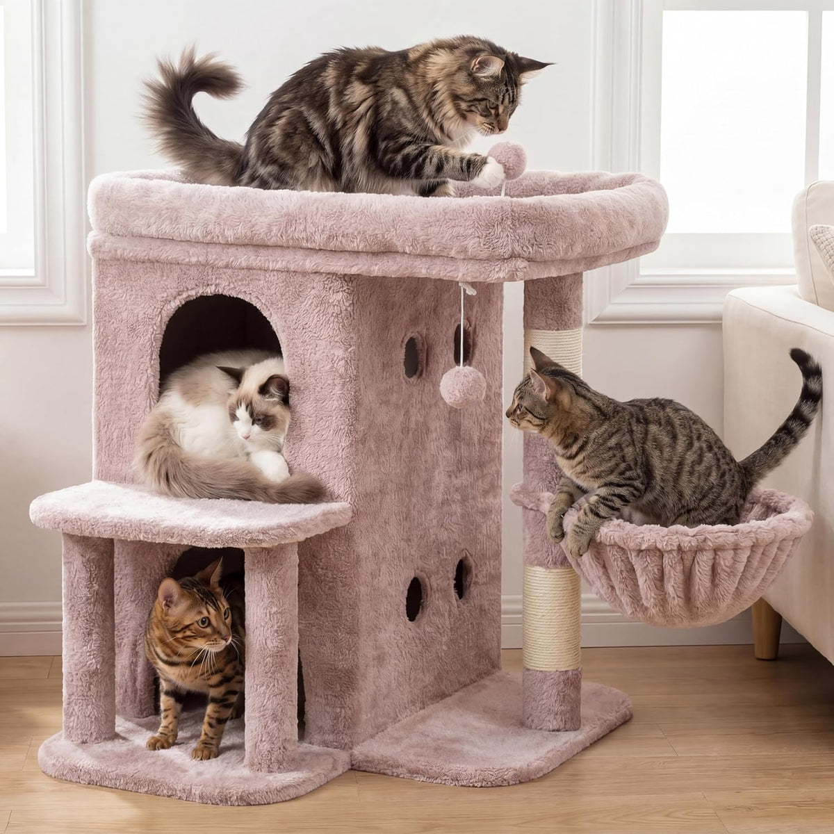 Heybly 26.3" Cat Tree for Large Cats with Big Perch & Dual Condos - Rosy Brown / 26.3 inch - image 2