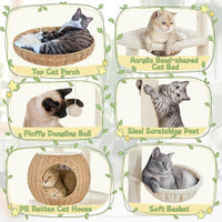 Yaheetech 54in Rattan Cat Tree, Modern Tower with Breathable Woven Condo, Scratching Posts & Washable Cushions, Naturally Cool in Summer, Cute Furniture for Indoor Cats