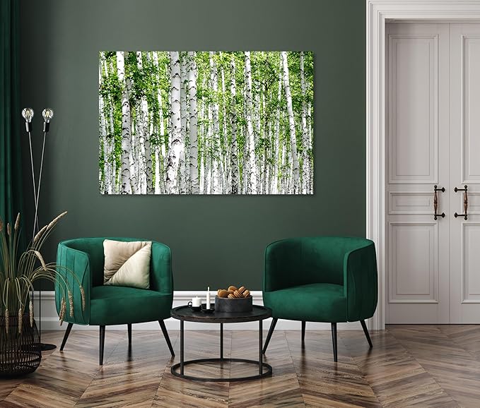Nature Wall Art Prints - Ocean Forest Mountain Lake Canvas Landscapes - Small to Extra Large Living Room Bedroom Kitchen Bathroom Décor (Green Brich Trees, 16L" x 24W")
