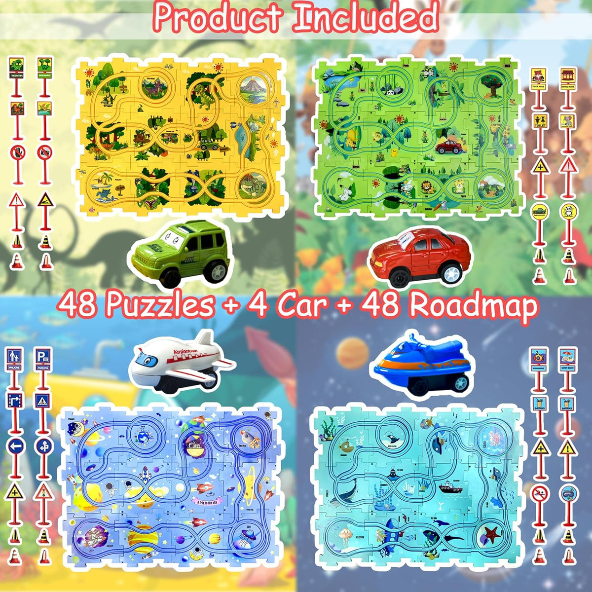 Ubegger puzzle car track set with puzzle road pieces, road signs and battery cars - view 15