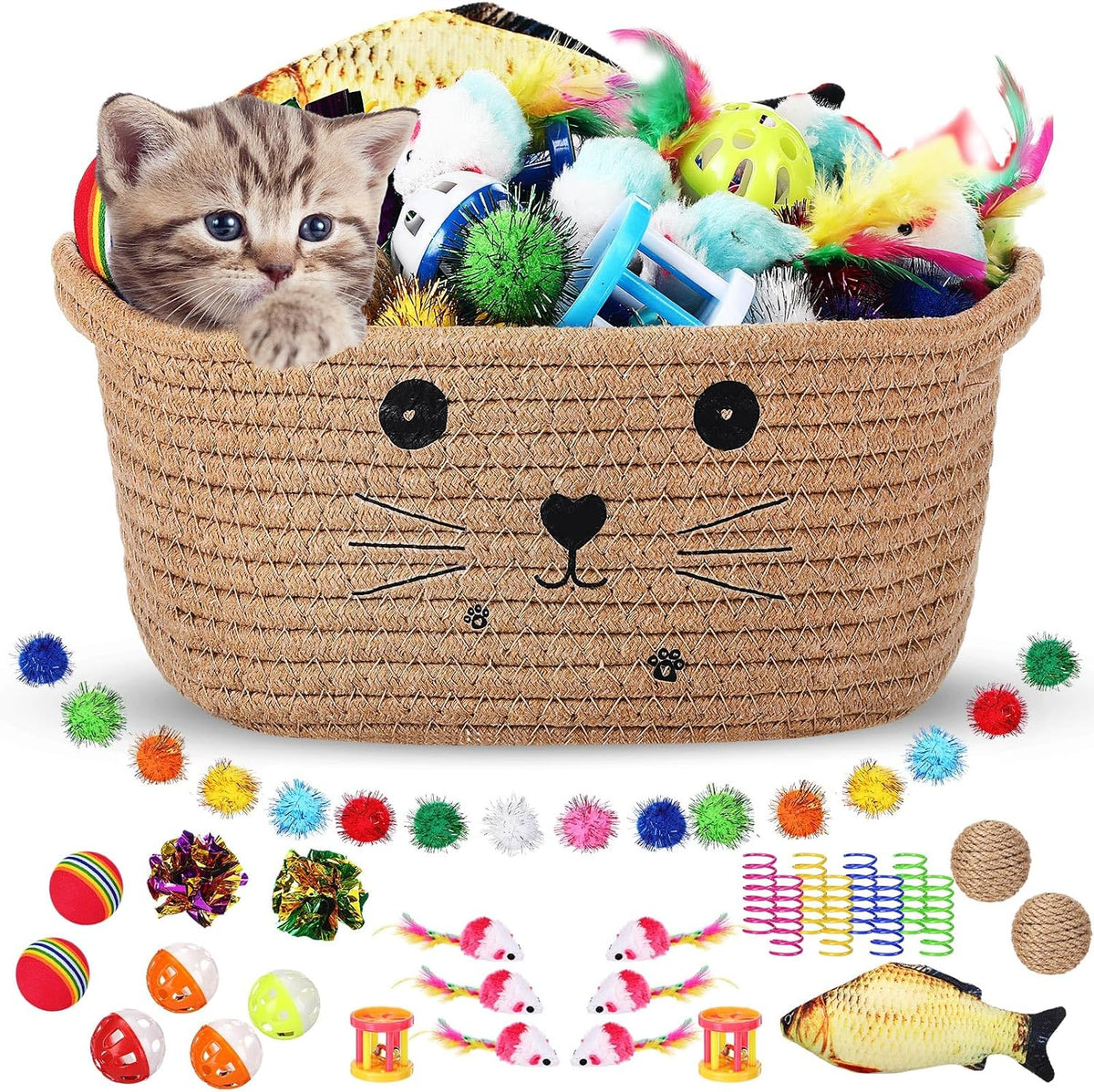 Zopeal 58 Pcs Cat Toy Set with Storage Basket Indoor, Grey - Khaki / 9.8 Inch
