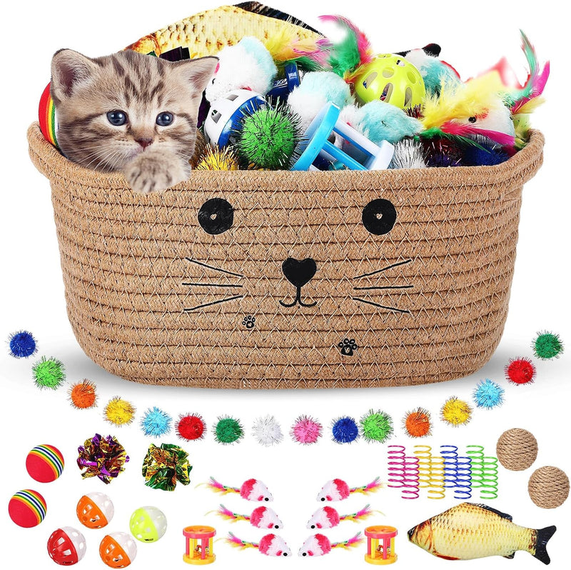 Zopeal 58 Pcs Cat Toy Set with Storage Basket Indoor, Grey - Khaki / 9.8 Inch