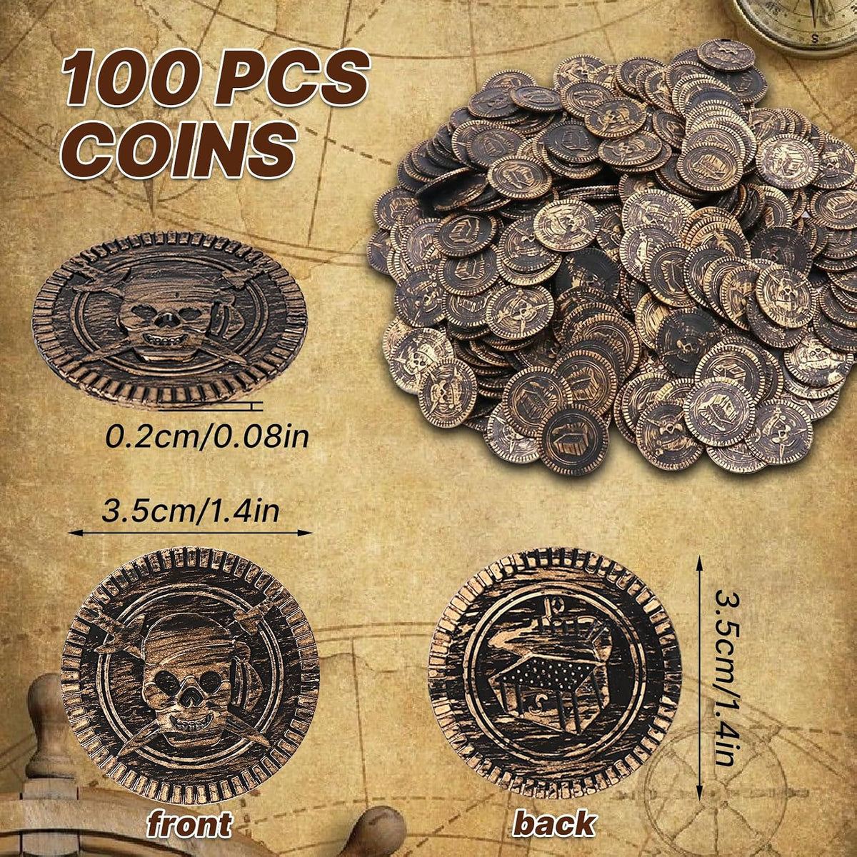 Geodurn 100 plastic pirate gold coins with embossed pirate design - view 4