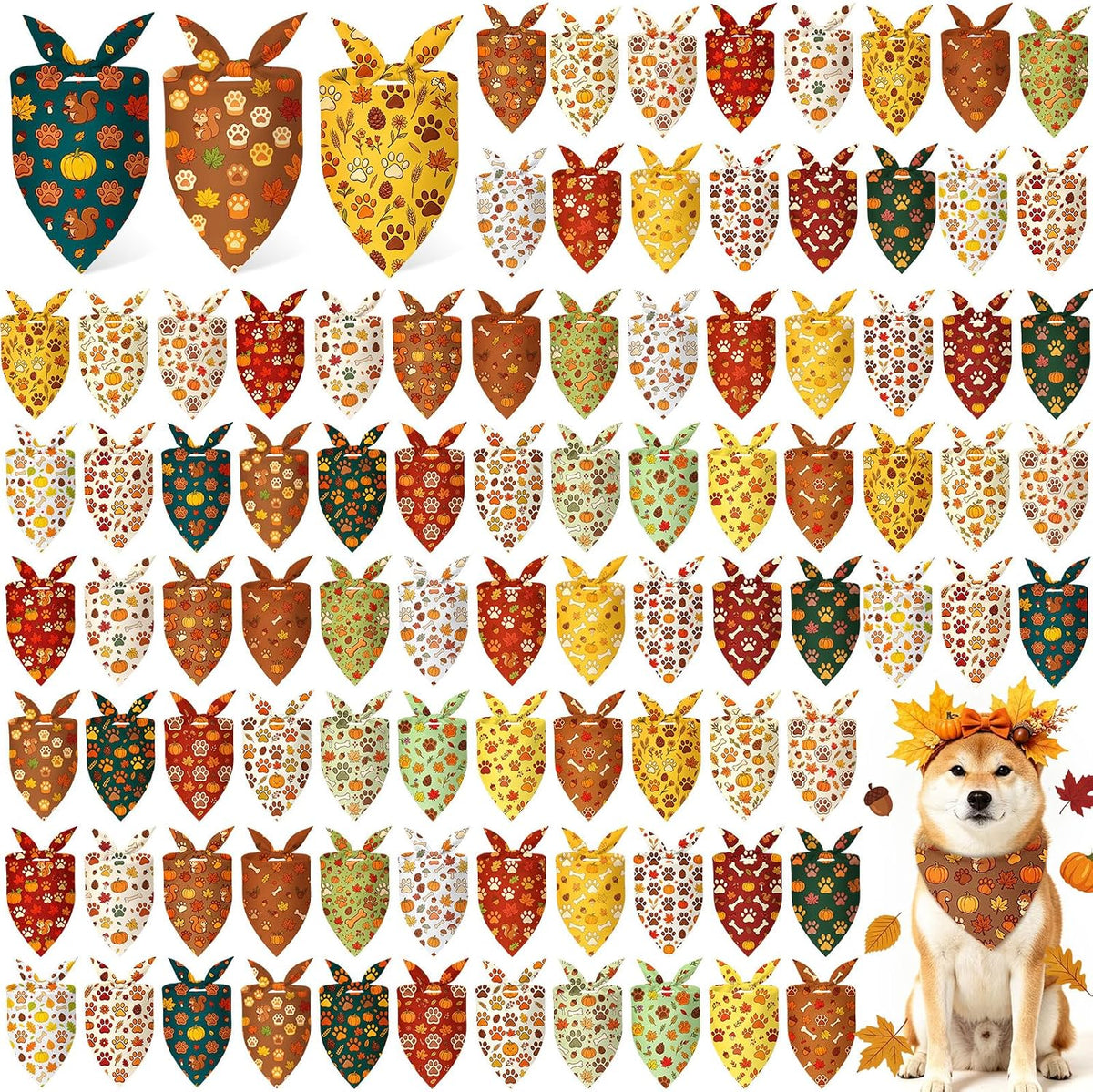 Preboun 100 Pcs Fall Paw Print Dog Bandanas Bulk - Fall Paw Print / 25.6 x 17.7 x 17.7 Inch