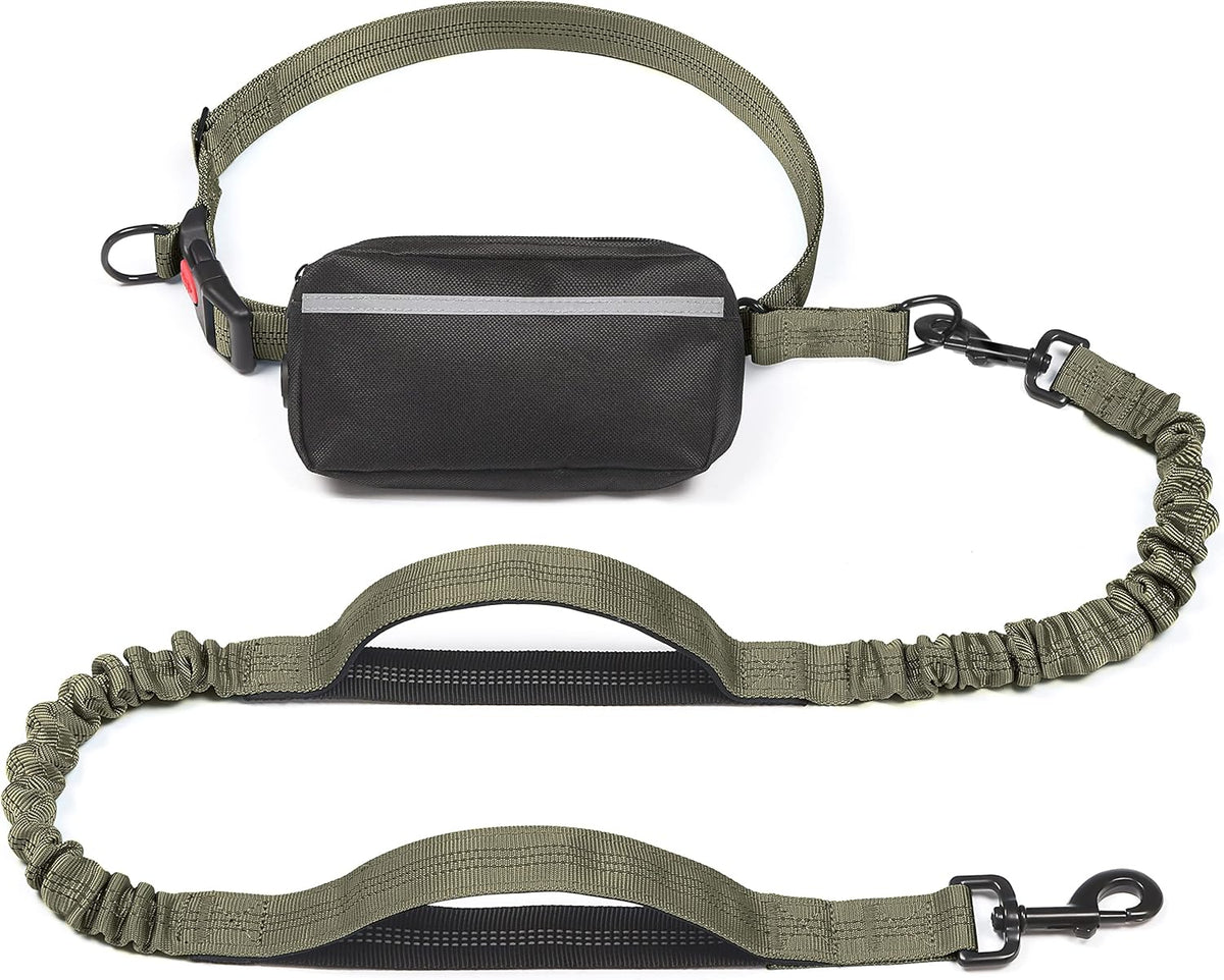 Hands Free Dog Leash with Zipper Pouch - Military Green / Medium