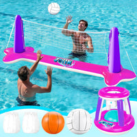 JOYIN Inflatable Pool Float Set Volleyball Net & Basketball Hoops - Pink Purple / Large