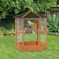 PawHut 69" Large Wooden Hexagonal Outdoor Aviary Flight Bird Cage with Covered Roof, Brown