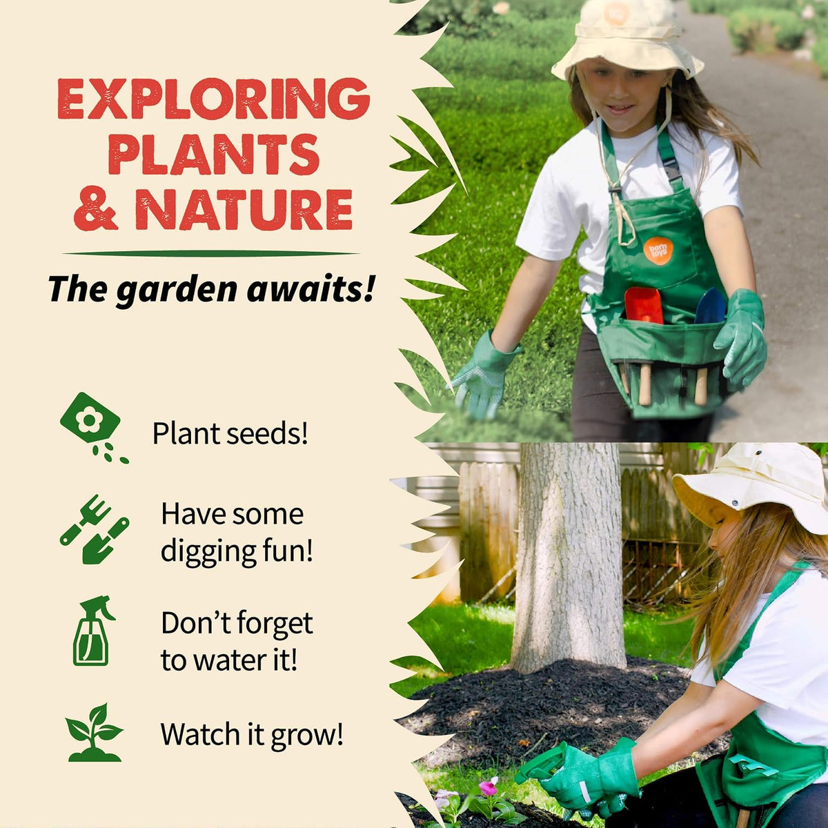 Born Toys kids gardener costume with apron, hat, gloves, shovels, rake and spray bottle - view 4