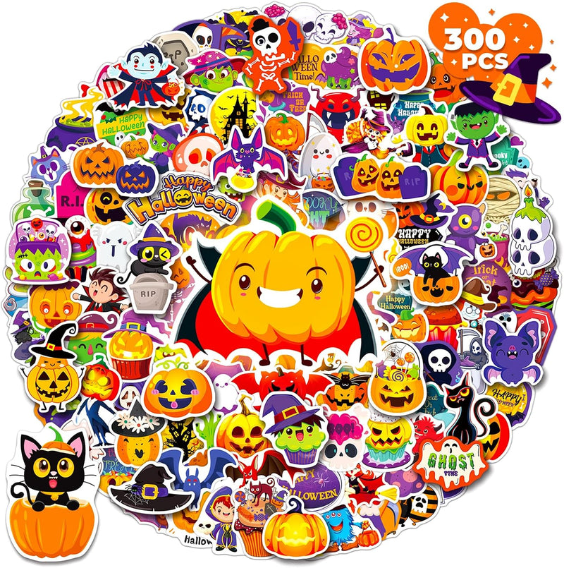 WAKEMOODEI 300 Halloween stickers for kids with pumpkins, ghosts, skulls, witches and bats