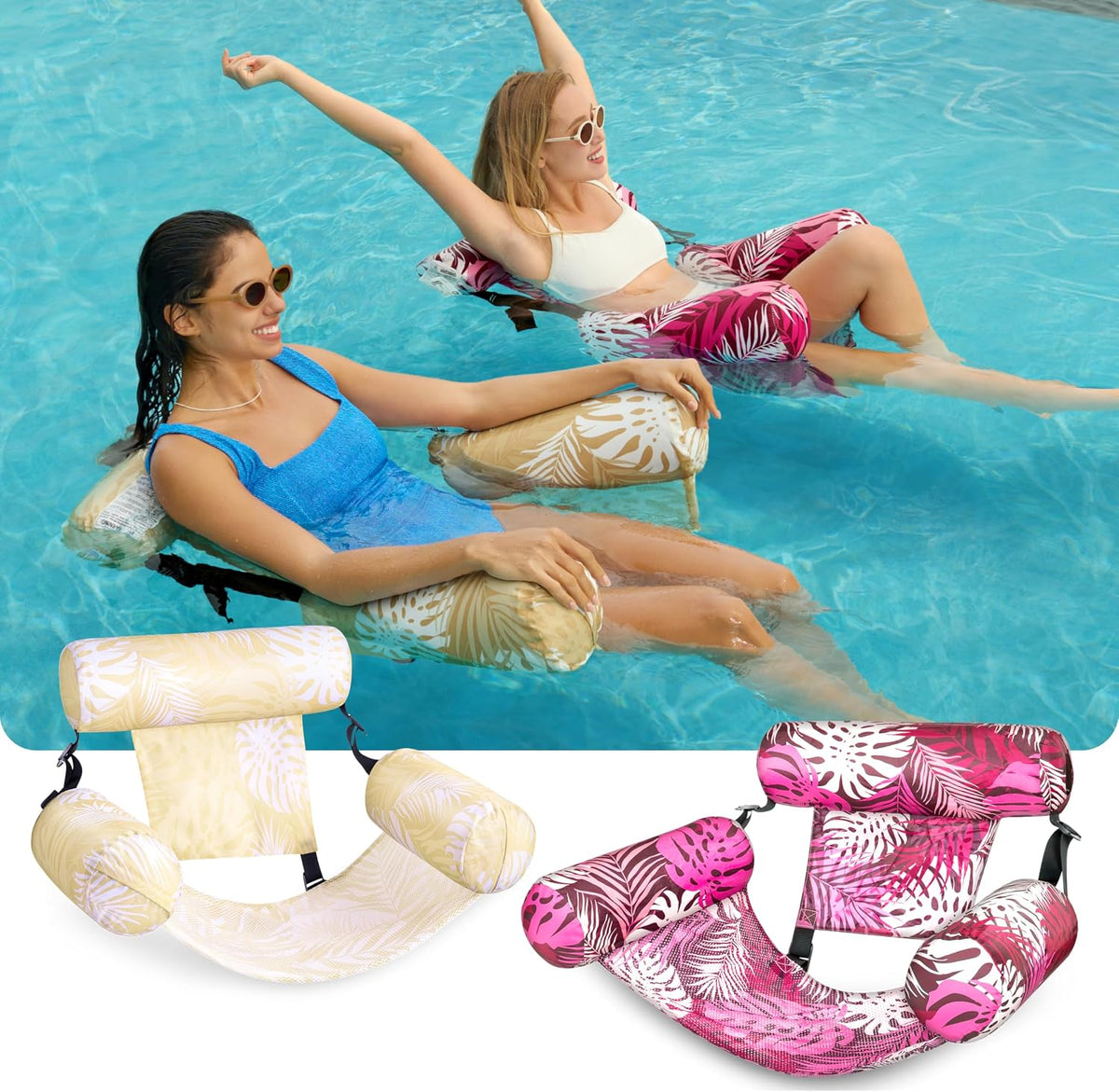 SLOOSH Inflatable Pool Floats Adult - Champagne, Pink-Tropical Leaves - image 2