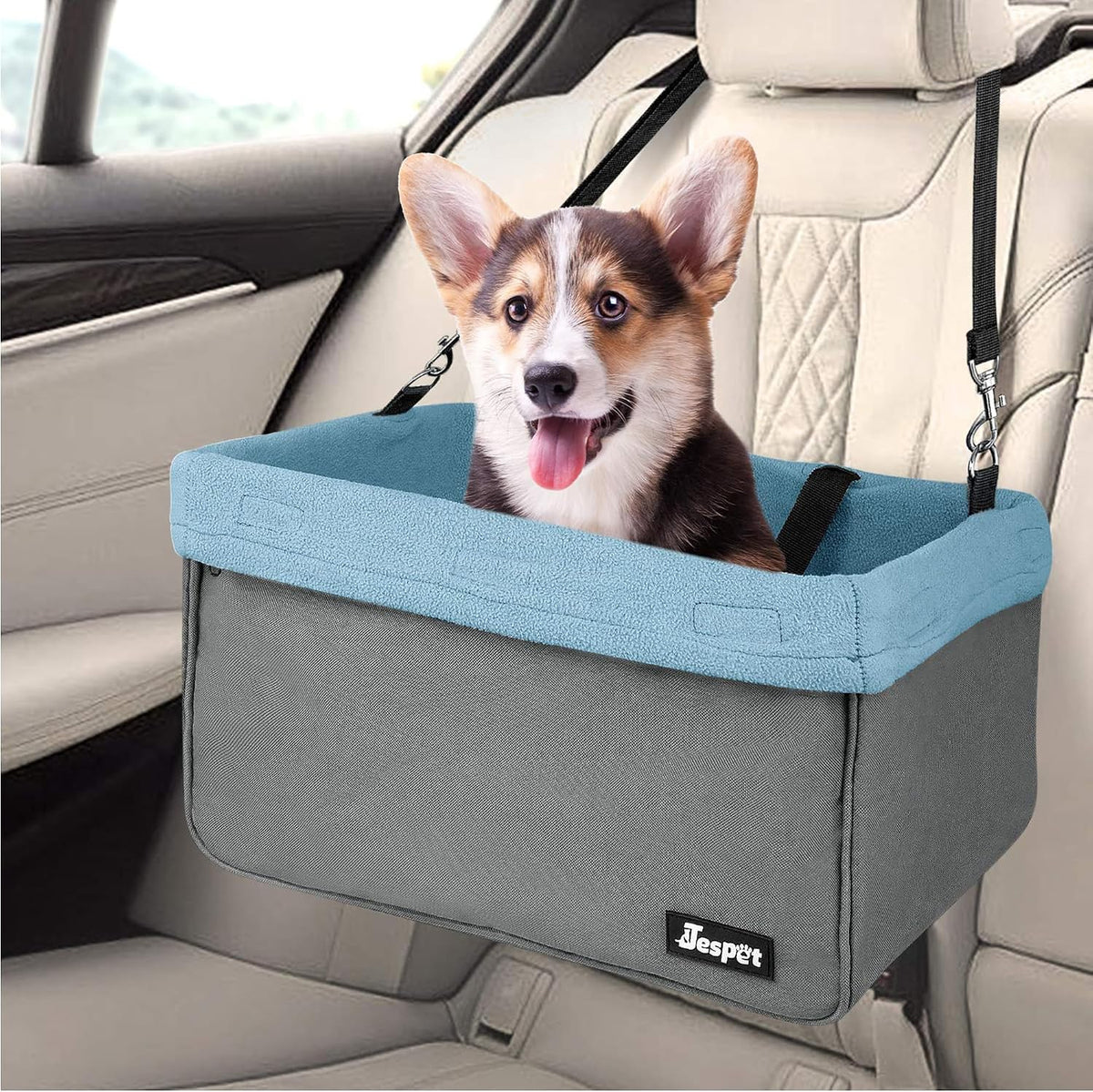 Jespet Dog Booster Seat for Cars, Travel Carrier with Seat Belt – Essentials for Dogs - Gray-16 L x 13" D x 9" H - image 2