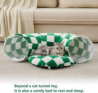 Cat Tunnel for Indoor Cats, Cute Peekaboo Cat Cave with Dangling Balls, Checkered Pet Donut Tunnel Bed with Circle Mat for Puppy Kitten Rabbit, Green/White
